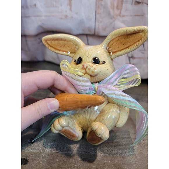 Ceramic brown easter bunny AS IS rabbit carrot bow decor figure - Picture 2 of 9